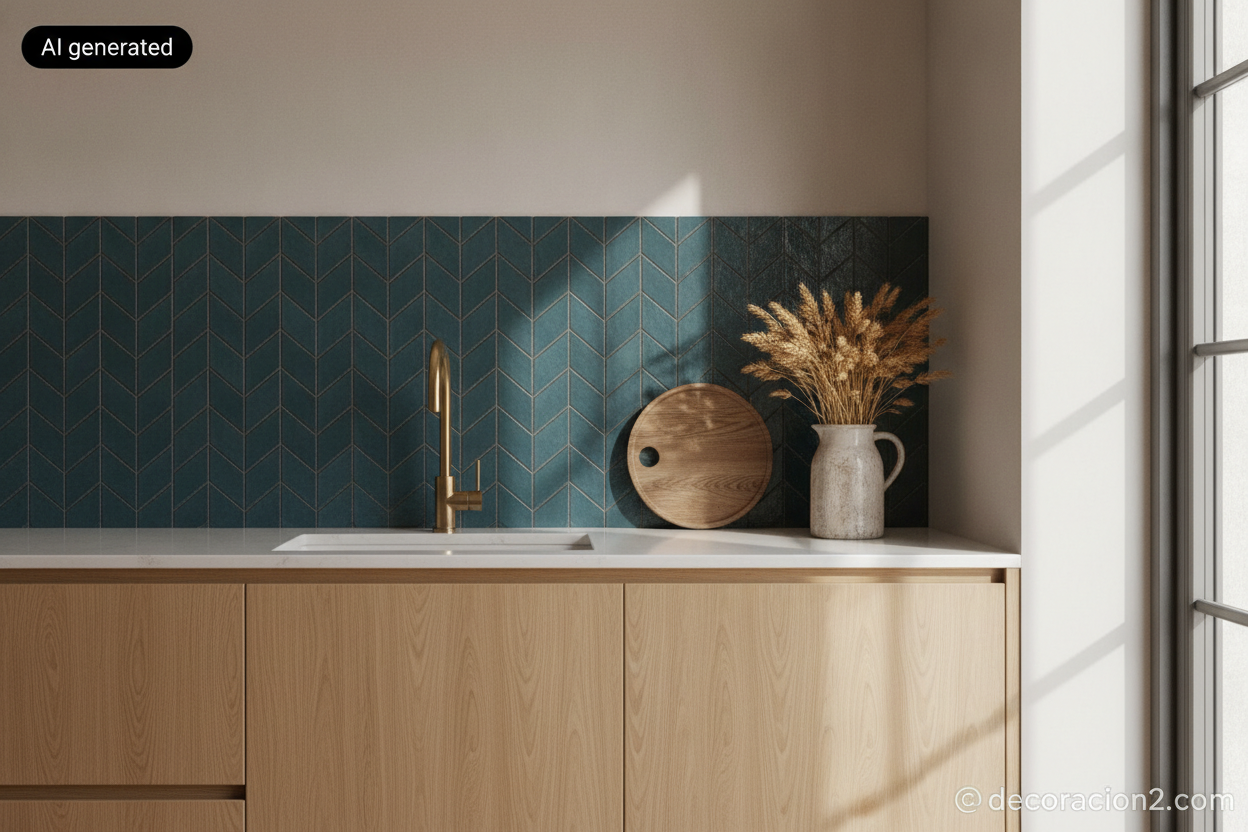 Frente de cocina alicatado con azulejos decorativos colocados en espiga