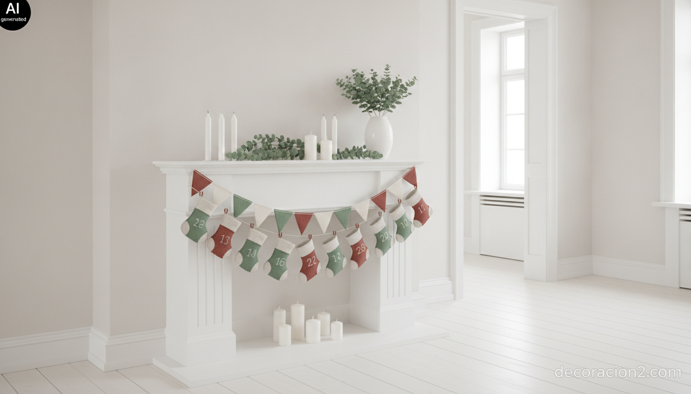 Guirnalda de banderines de fieltro y mini calcetines colgados sobre la repisa de una chimenea decorada en Navidad
