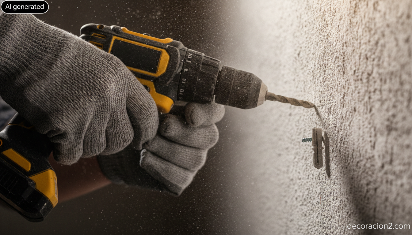 Detalle de manos con guantes usando un taladro sobre una pared marcada con lápiz