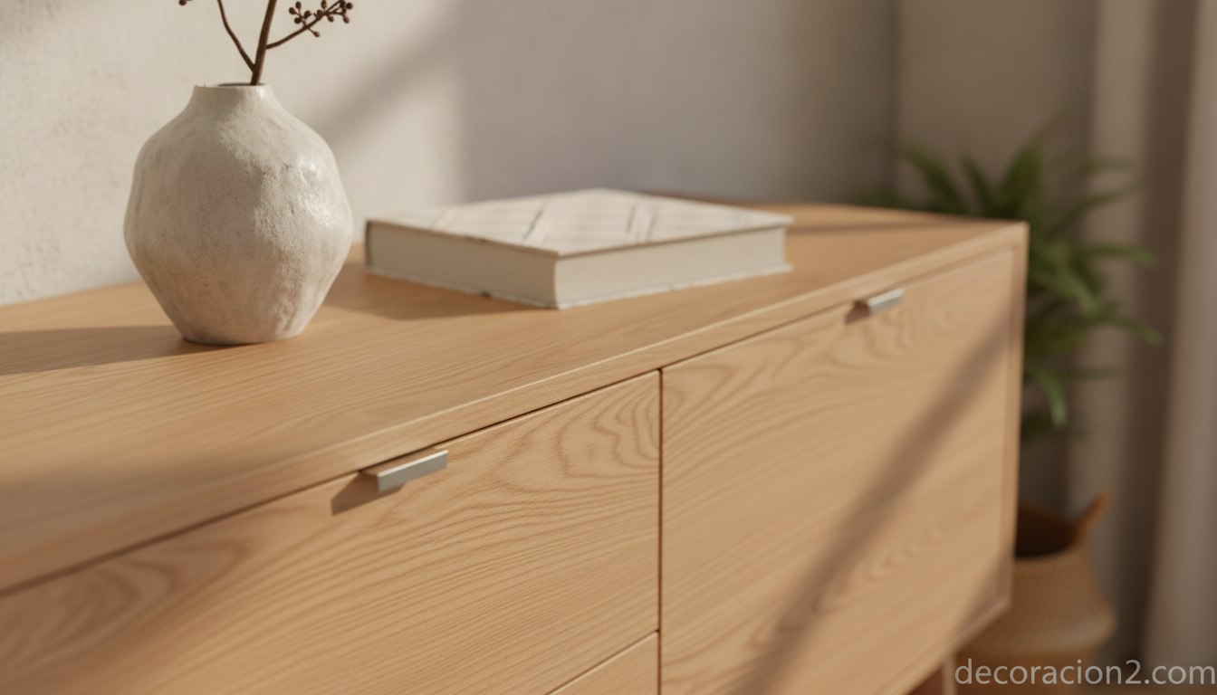 Detalle de un aparador de madera clara con tiradores discretos estilo escandinavo