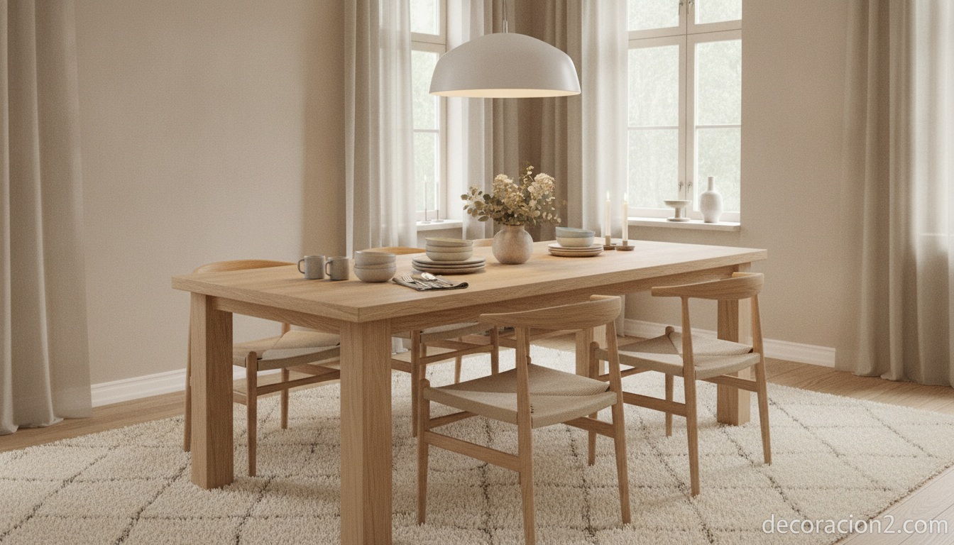 Comedor nórdico con mesa de madera y sillas de estilo Ikea Stockholm