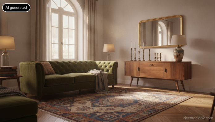 Salón con interiorismo vintage y muebles clásicos en tonos cálidos