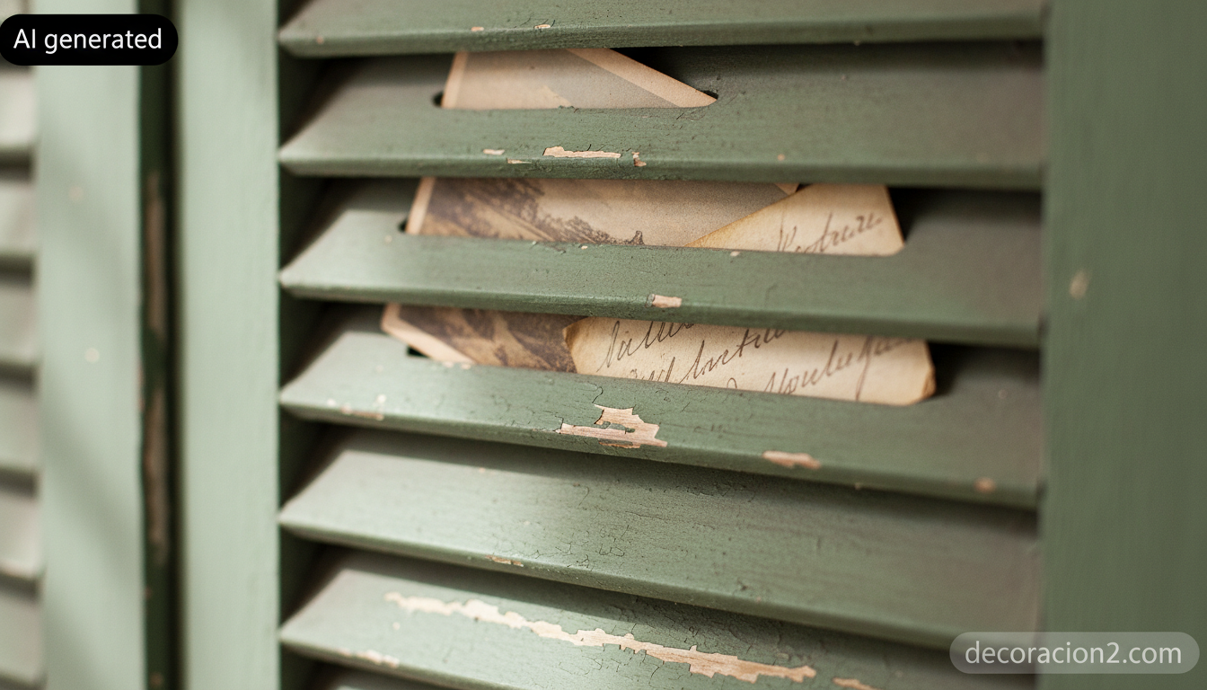 Organizador de escritorio DIY con contraventanas: guía paso a paso 5 Detalle de las lamas inclinadas de una contraventana de madera sujetando postales y notas de papel