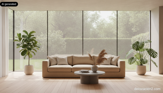 Salón luminoso con grandes ventanales protegidos con láminas solares para ventanas