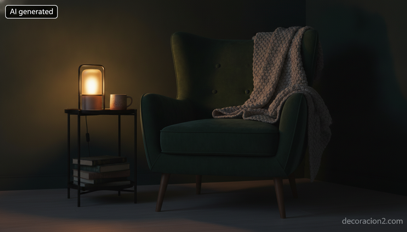 Regalos de decoración para amigos: cómo acertar con un detalle para su casa 4 Rincón de salón con lámpara portátil encendida y manta de punto sobre el sofá, dos regalos de decoración que siempre aciertan