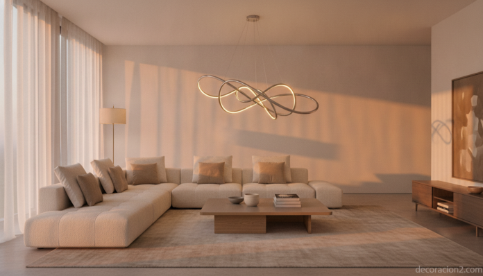 Salón moderno con lámpara de diseño escultural como protagonista
