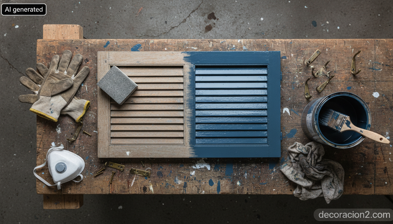 Organizador de escritorio DIY con contraventanas: guía paso a paso 6 Proceso de bricolaje lijando y pintando una contraventana de madera sobre un banco de trabajo