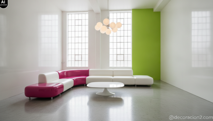 Salón de un loft diáfano decorado con colores vivos y formas curvas al estilo de Karim Rashid