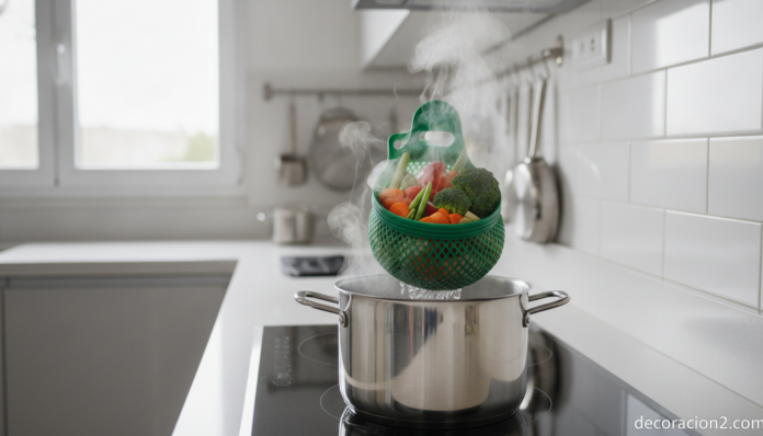 Malla de cocción de silicona introducida en una olla con agua hirviendo
