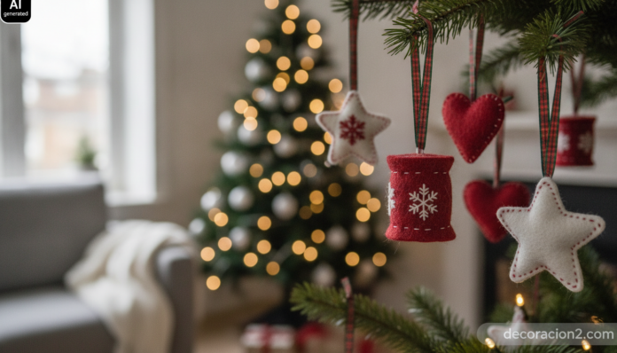 Adornos navideños de fieltro rojo y blanco colgados de las ramas de un abeto decorado