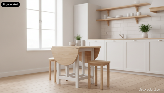 Wide interior photograph of a small bright Scandinavian kitchen-diner, with a compact round folding dining table whose sto... Mesa con sillas integradas plegadas en una cocina pequeña de estilo nórdico