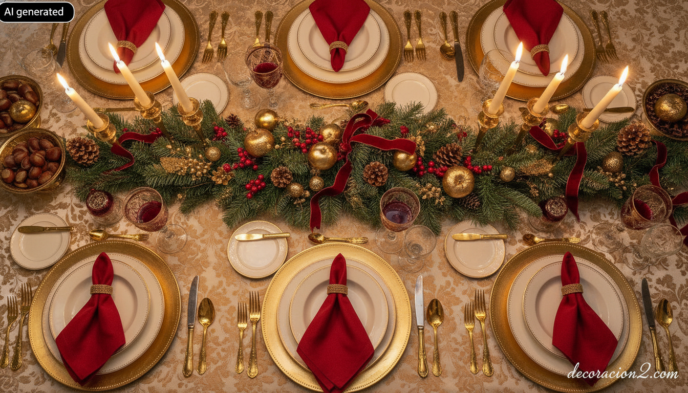 Mesa navideña decorada en estilo clásico con velas, vajilla y centro de mesa