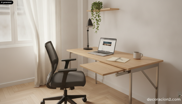 Mesa de trabajo con extensión lateral de roble claro desplegada en un rincón luminoso con portátil y silla ergonómica