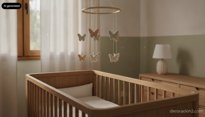 Móvil de cuna de mariposas de fieltro colgado sobre una cuna de madera de roble en una habitación infantil luminosa
