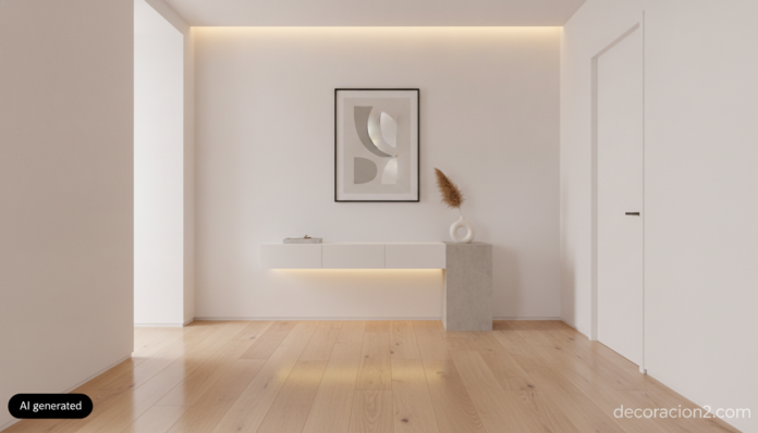 Recibidor minimalista con mueble de entrada de líneas puras y tonos neutros