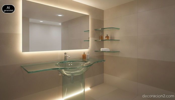 Baño moderno con muebles de baño en vidrio y lavabo de cristal transparente
