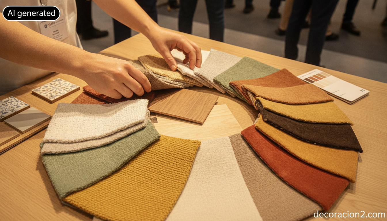 Ferias de decoración en España: guía para visitarlas y aprovecharlas 7 Manos comparando muestras de telas de tapicería en el estand de una feria