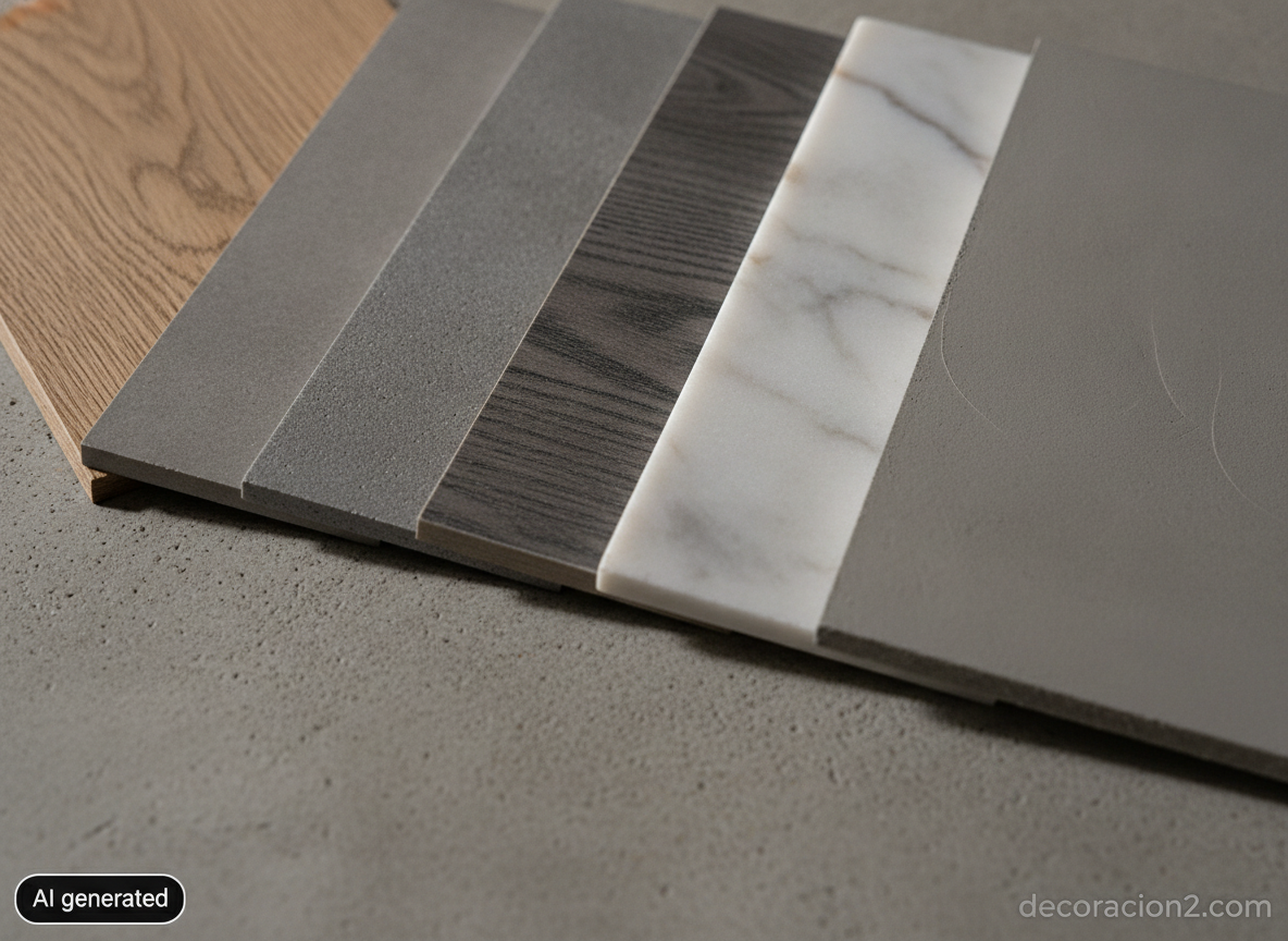 Muestras de materiales de suelo: parquet de roble, gres porcelánico y lámina vinílica