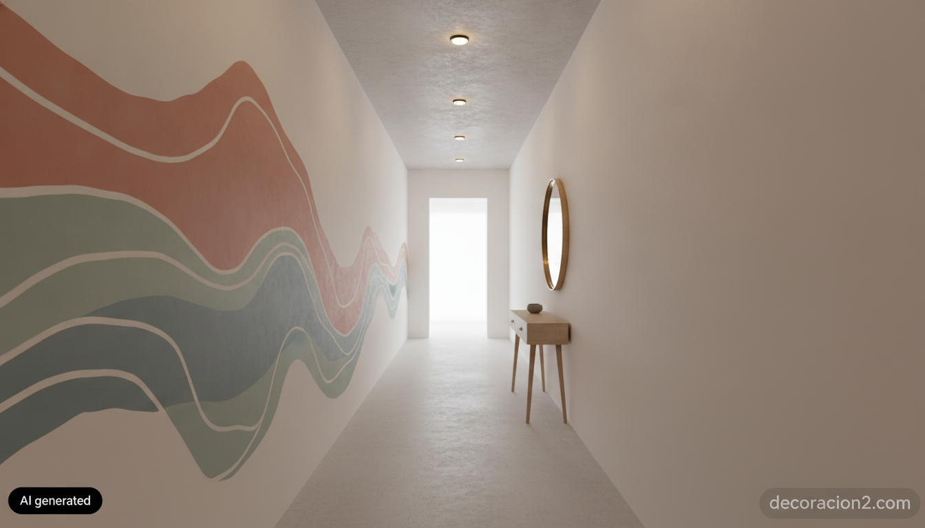 Pasillo estrecho decorado con un mural ilustrado continuo de colores suaves
