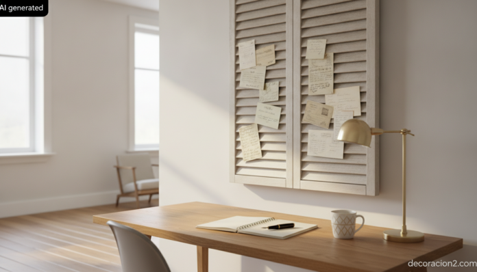 Wide interior photograph of a bright home office corner. On the wall above a wooden desk hangs a repurposed antique louver... Organizador de escritorio DIY hecho con una contraventana de madera pintada colgada sobre la mesa de trabajo