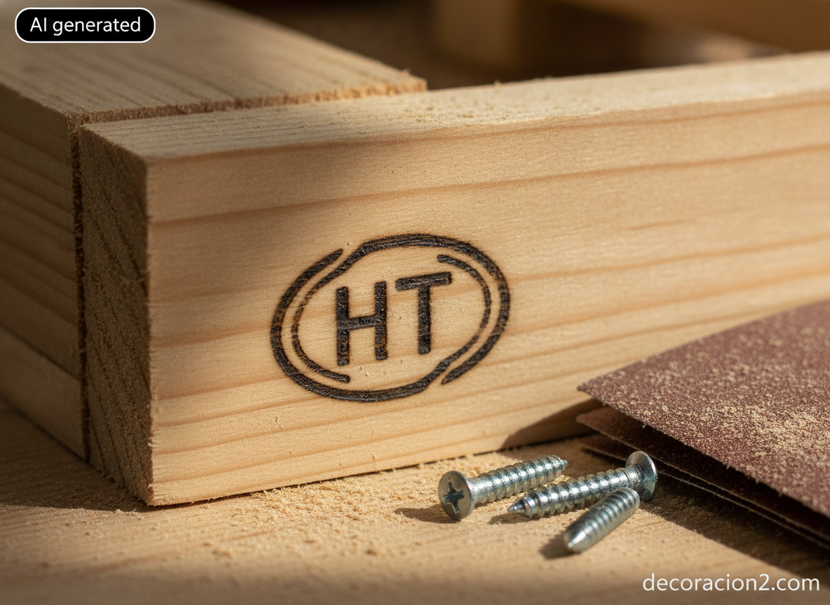 Detalle del larguero de un palé lijado con el sello HT quemado en la madera