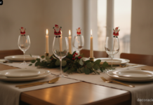 Mesa navideña montada con palillos de Papá Noel decorando las copas de vino
