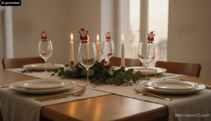 Mesa navideña montada con palillos de Papá Noel decorando las copas de vino
