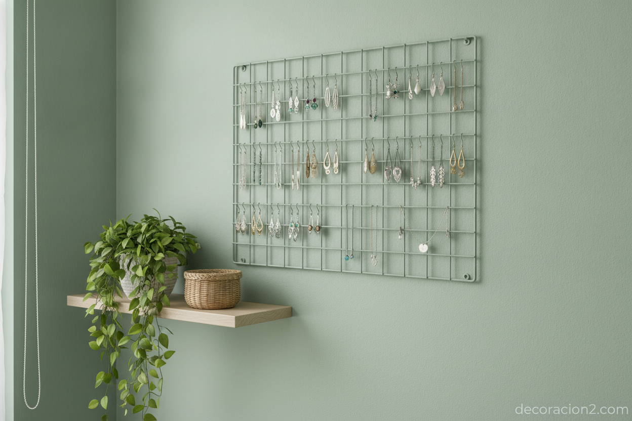 Panel de pared con rejilla para organizar pendientes y pulseras de bisutería