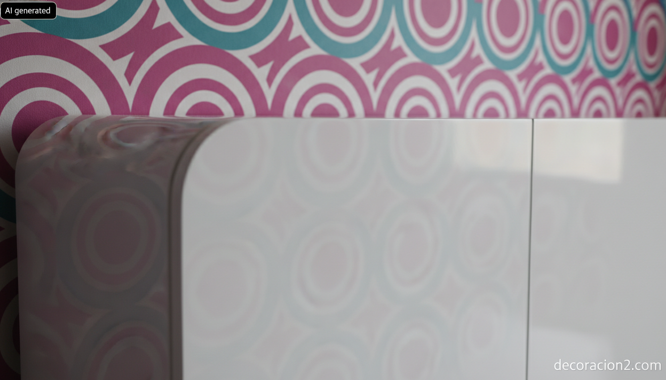 Detalle de una pared con papel pintado de motivos gráficos circulares junto a un mueble lacado brillante