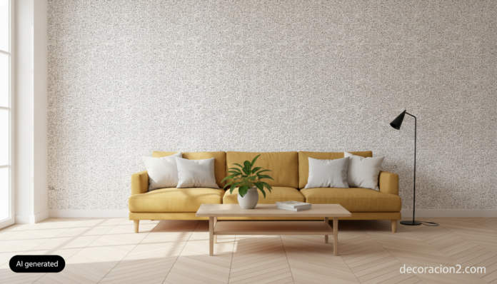 Salón moderno con papel pintado ilustrado de trazo negro cubriendo una pared completa