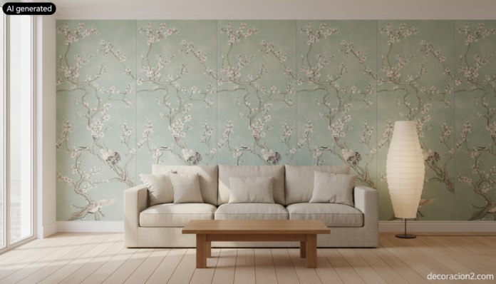 Salón contemporáneo con papel pintado de inspiración oriental de ramas en flor y grullas cubriendo toda la pared