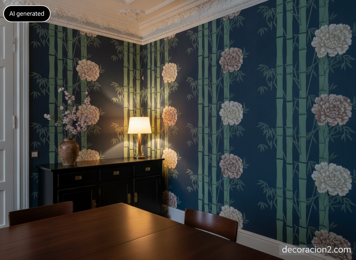 Comedor de techo alto con papel pintado oriental gráfico en azul tinta y aparador lacado en negro con tiradores de latón