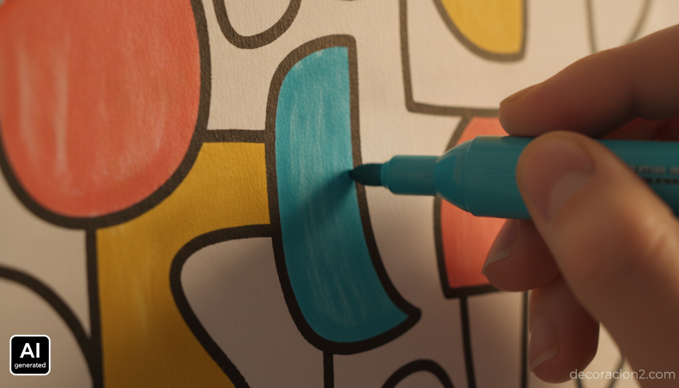 Detalle de papel pintado para colorear con una mano rellenando el dibujo con rotulador