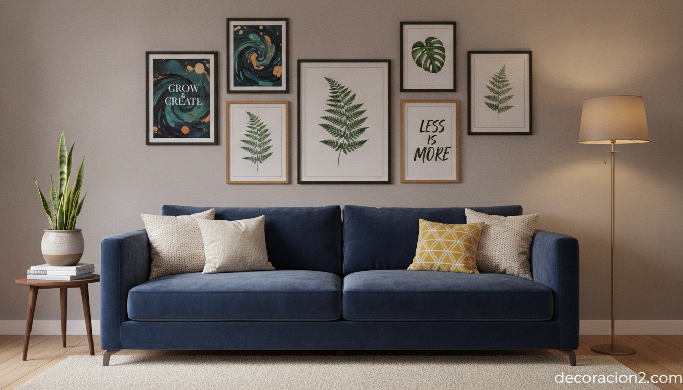 Vinilos decorativos para paredes: ideas para decorar con arte tu hogar 2 Pared de cuadros y láminas enmarcadas sobre un sofá en un salón