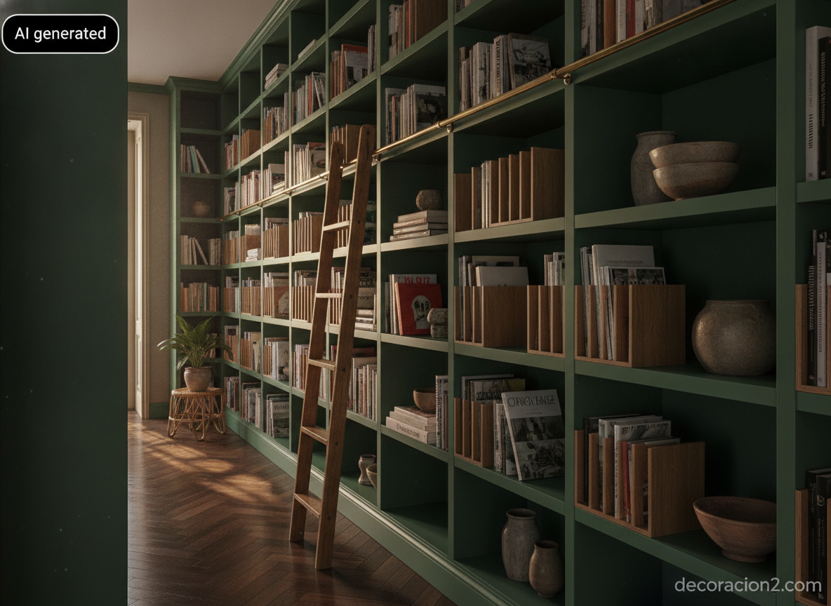 Pasillo convertido en biblioteca del suelo al techo con carpintería verde oscuro y escalera corredera de madera