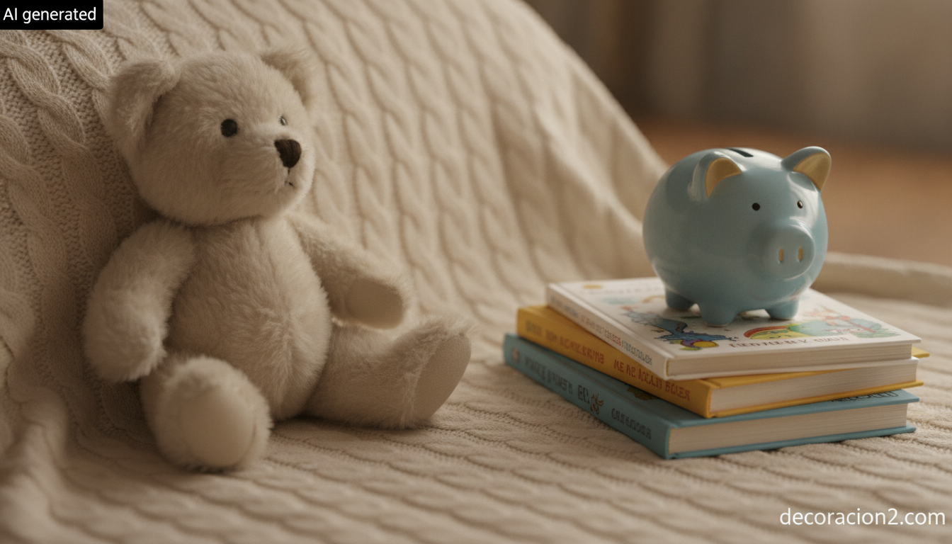 Peluche de oso junto a libros infantiles y una hucha simbolizando la solidaridad