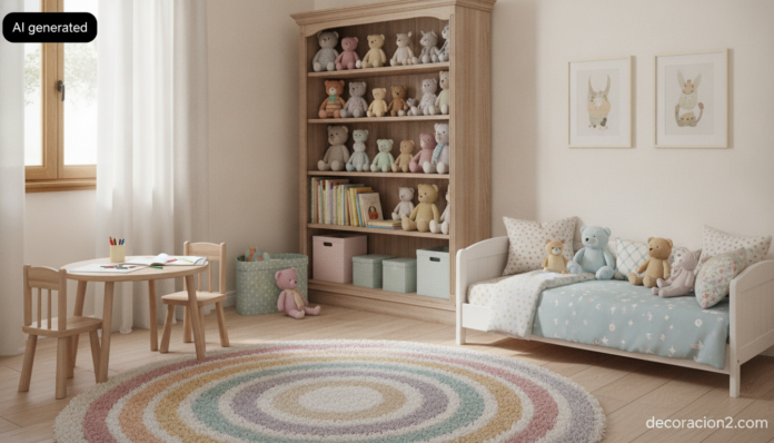 Habitación infantil decorada con peluches de colores en estanterías