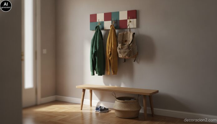 Perchero gamer de madera pintada en estilo pixelado montado en la pared de un recibidor con banco de roble