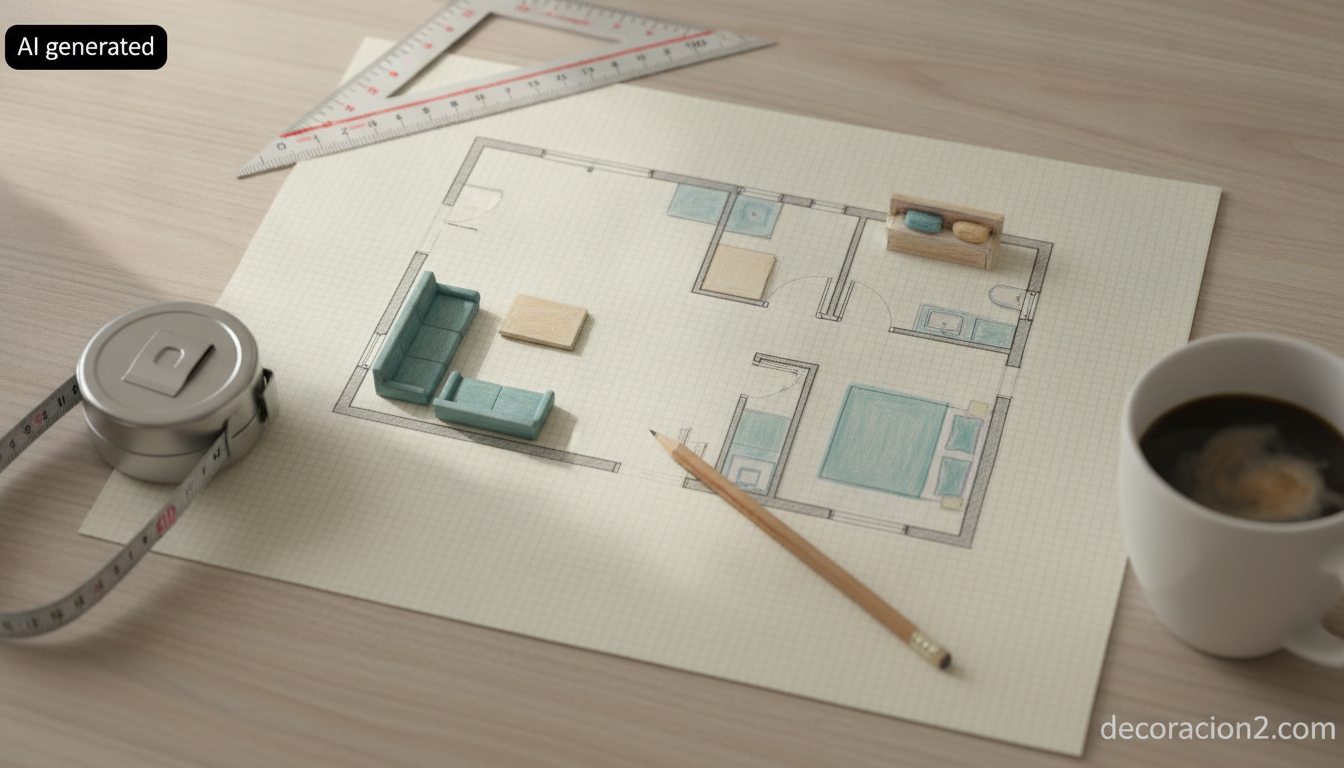 Plano a escala de una vivienda con la distribución de muebles y un metro sobre la mesa