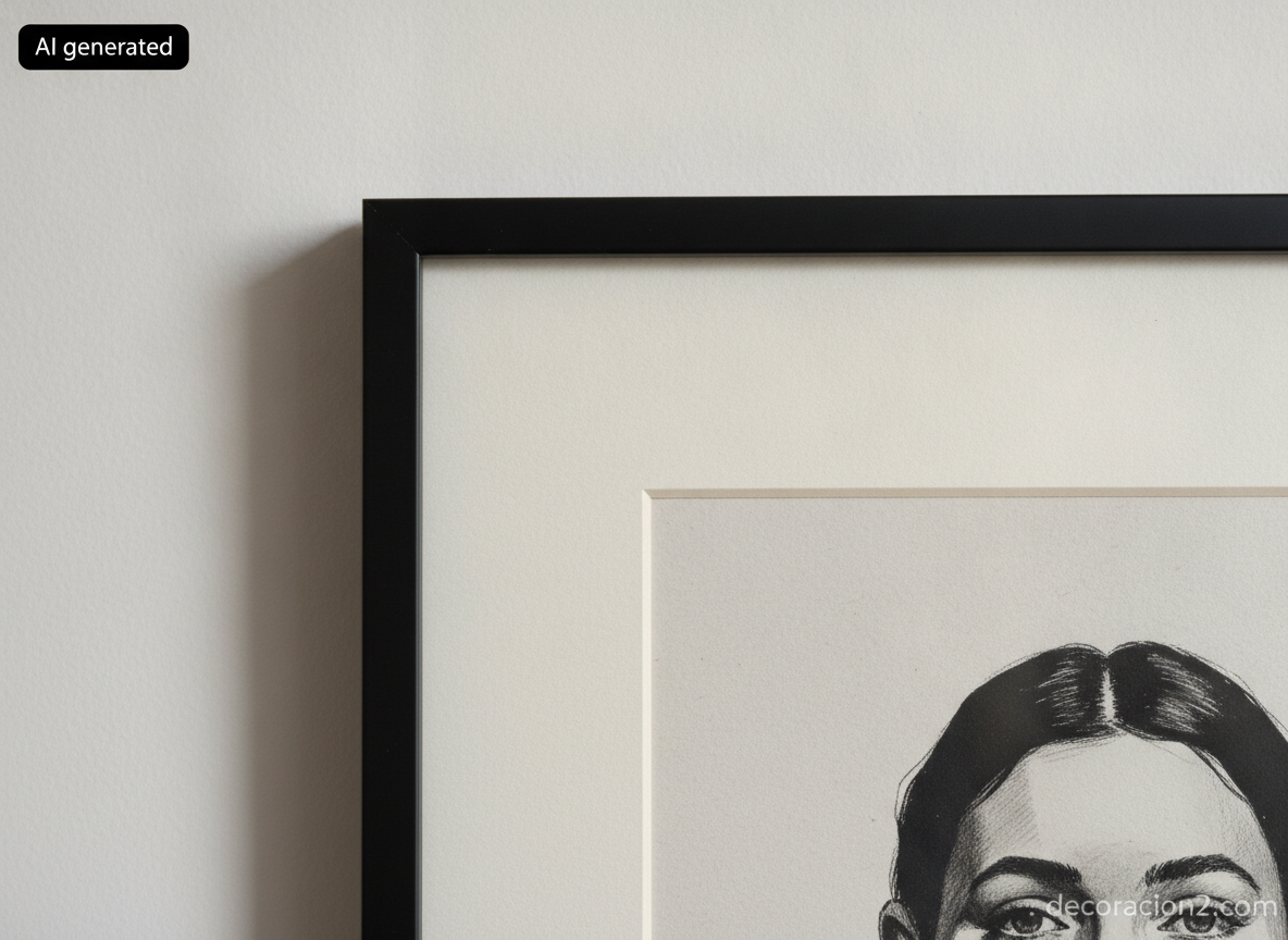 Detalle de un póster enmarcado con passepartout blanco y marco negro fino