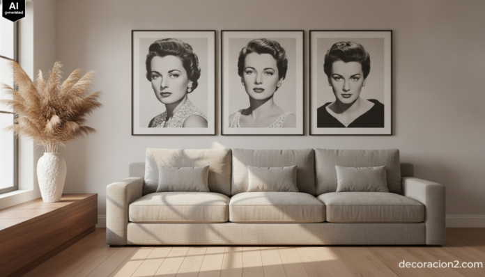 Salón moderno decorado con pósters de famosos enmarcados sobre el sofá