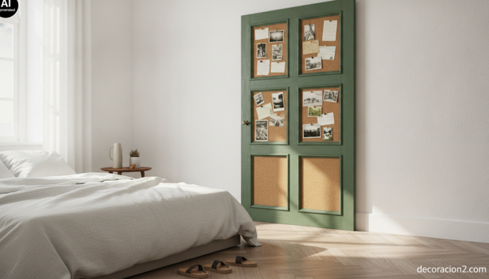 Realistic interior photography, wide shot of a bright Spanish bedroom corner where a reclaimed six-panel wooden door is mo... Puerta mural de corcho pintada en verde salvia colgada en la pared de un dormitorio luminoso