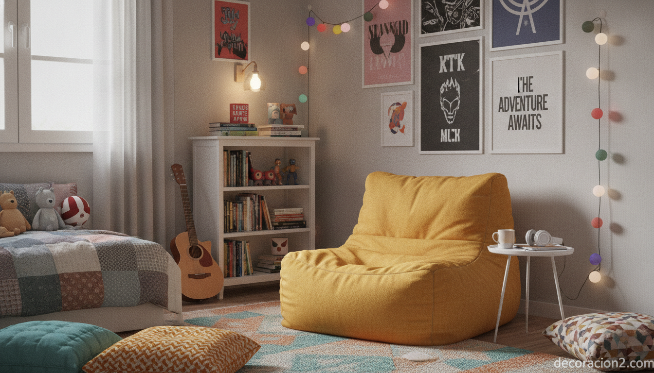 Puf gigante de color vivo en un dormitorio juvenil luminoso como rincón de lectura