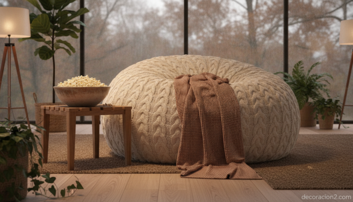Puff gigante en un salón moderno y acogedor con manta y luz cálida