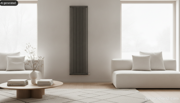 Salón moderno con un radiador decorativo vertical integrado en la pared