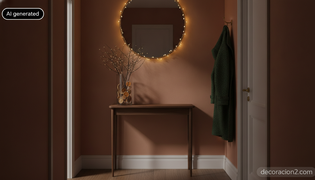 Recibidor decorado en Navidad con guirnalda de luz cálida y ramas naturales en un jarrón
