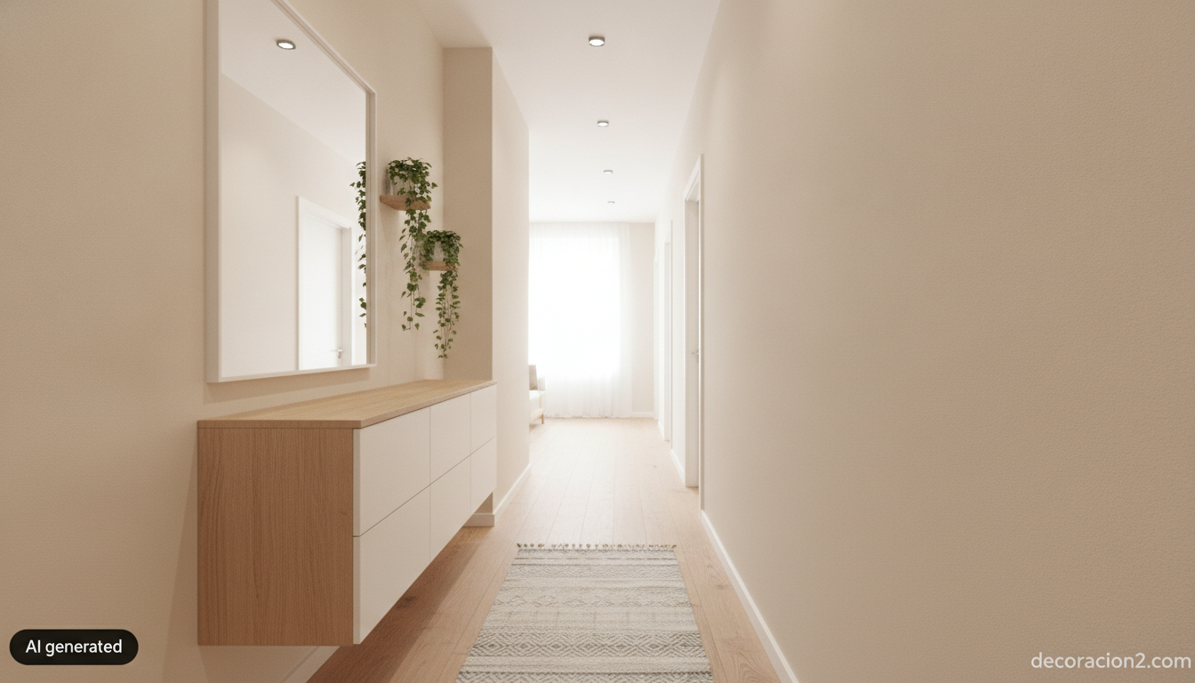 Recibidor pequeño con mueble volado, espejo alto y plantas en tonos neutros