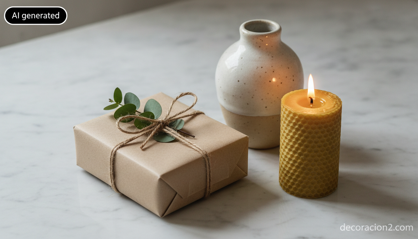 Detalle de un regalo de decoración envuelto en papel kraft con una rama de eucalipto
