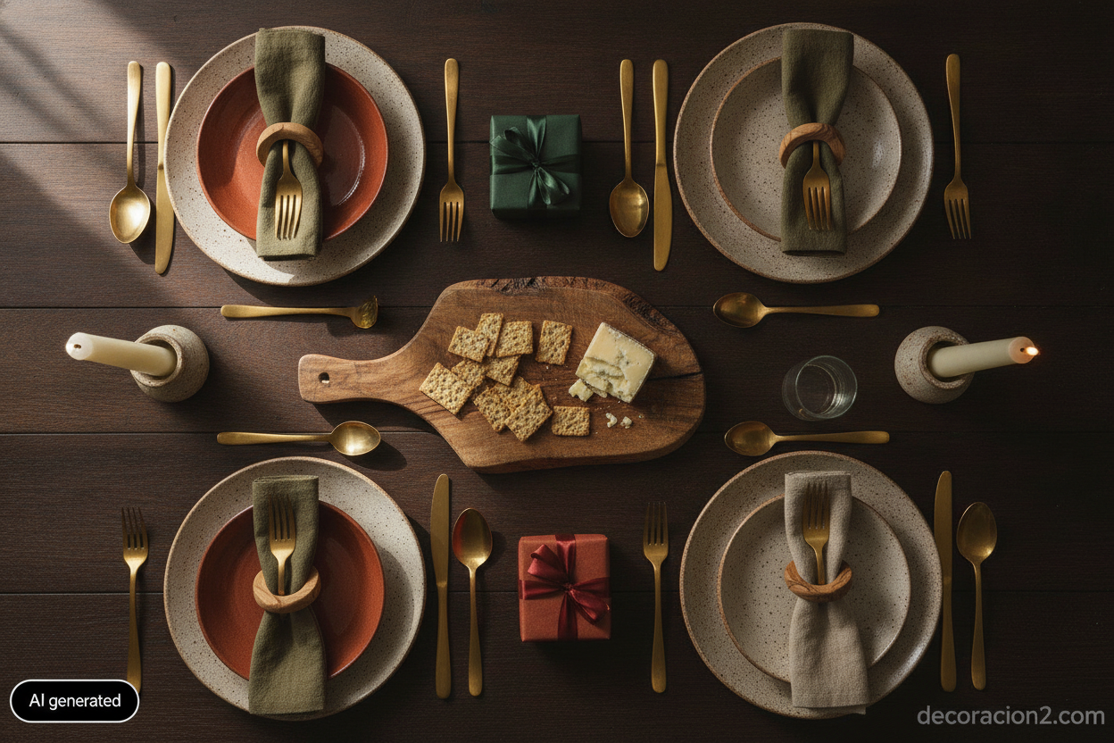 Mesa de comedor navideña con vajilla de cerámica artesanal, velas y pequeñas cajas de regalo