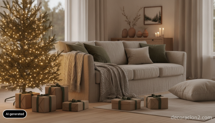 Salón nórdico decorado en Navidad con regalos de decoración envueltos junto al árbol